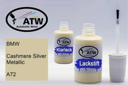 BMW, Cashmere Silver Metallic, A72: 20ml Lackstift + 20ml Klarlack - Set, von ATW Autoteile West.